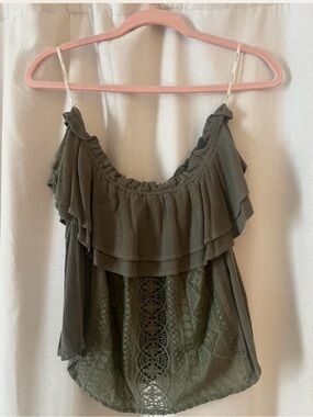 essue Olive Green Ruffle-Trim Crochet Off-Shoulder Top